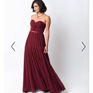 Burgundy strapless formal gown